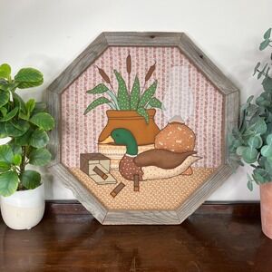 VTG Quilted Duck Wall Art Barnwood Octagon Frame Cottagecore Country Decor 20.5"